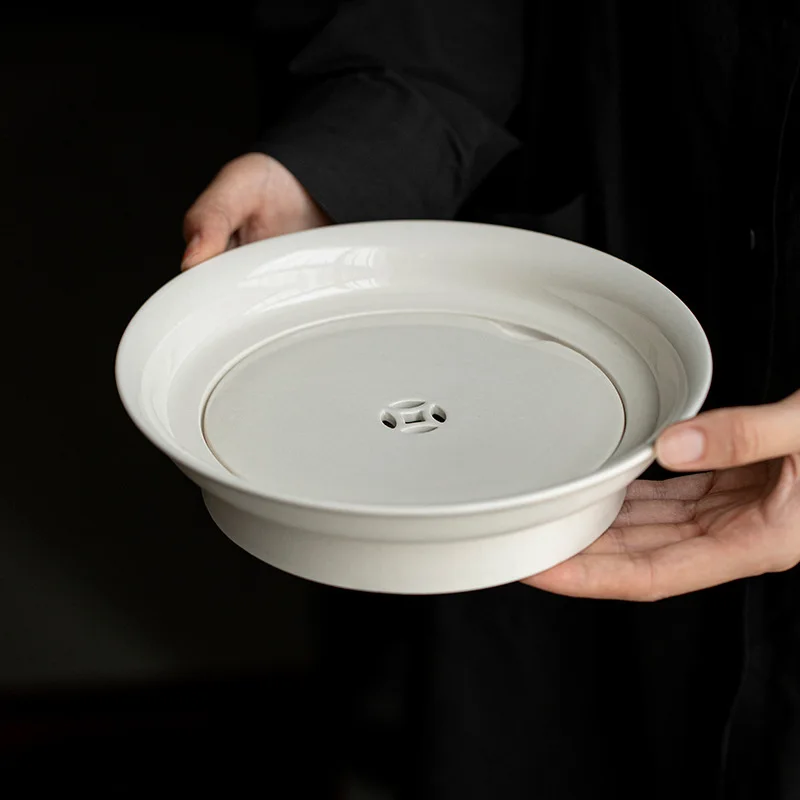 Plant ash tea tray Large household water storage tea tray Handmade ceramic double-layer dry brewing table tea tray