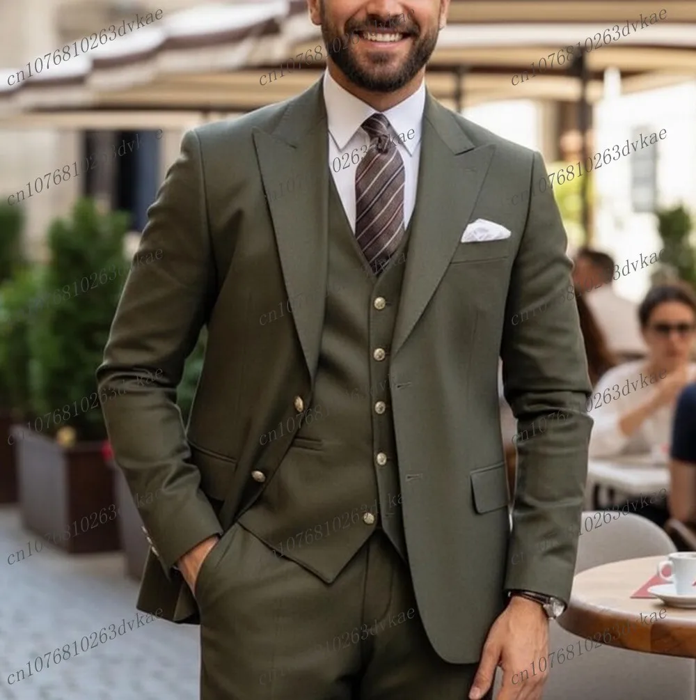 

Новый армейский зеленый мужской костюм для свадебной вечеринки, торжественного случая, жениха, жениха, выпускного вечера, деловые мужские смокинги, комплект из 3 предметов, куртка, жилет, брюки