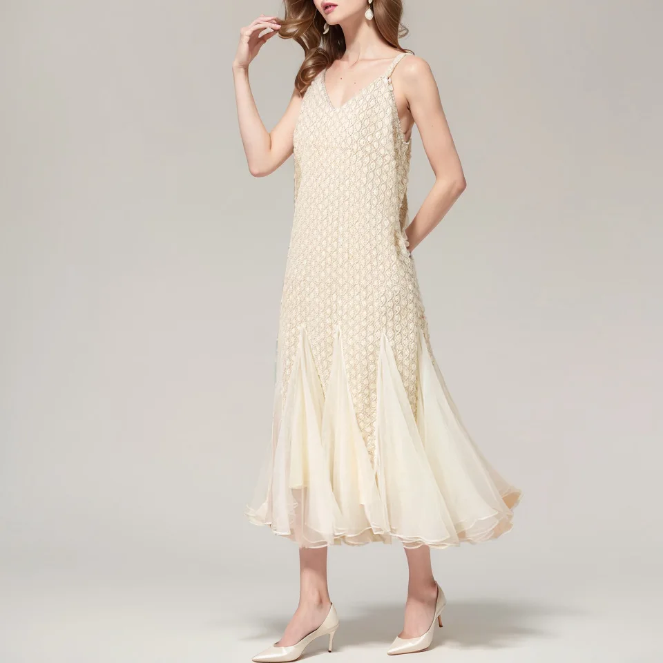 سيدة عطلة نمط طويل بلا أكمام فستان بدون ظهر 2025 صيف جديد الخامس الرقبة الرافعة زهرة الربط فستان شبكي للنساء