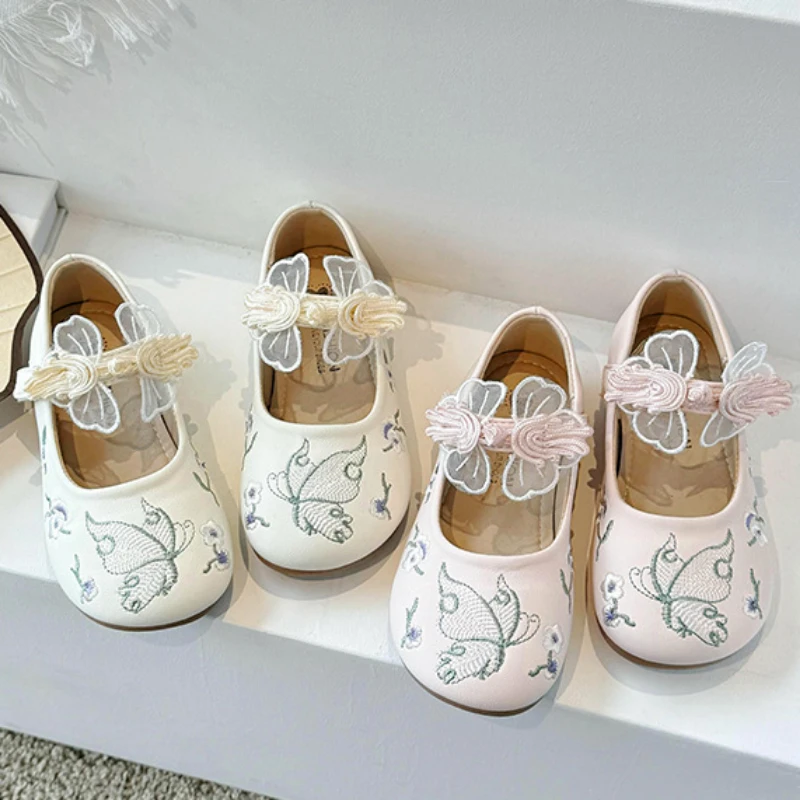 Girls Spring Autumn New Chinese Style Small Pu Leather Shoes Princess Single Square Mouth Kids Loafer