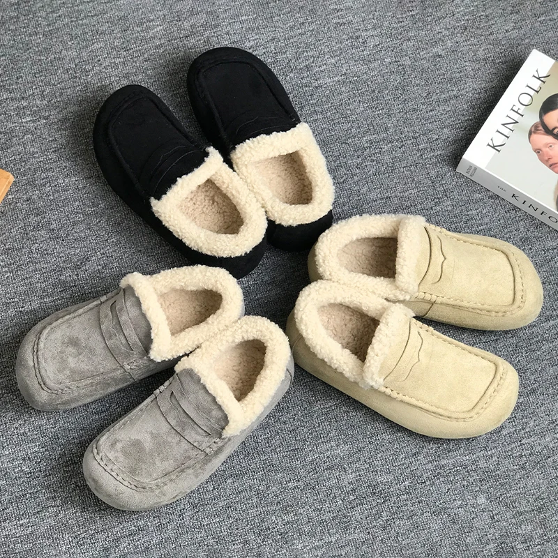 

Casual Lambswool Flats Women Flock Upper Shoes Winter Wide Square Toe Loafers Fur Mocasines Mujer Cotton Lined Sheep Furry Boots
