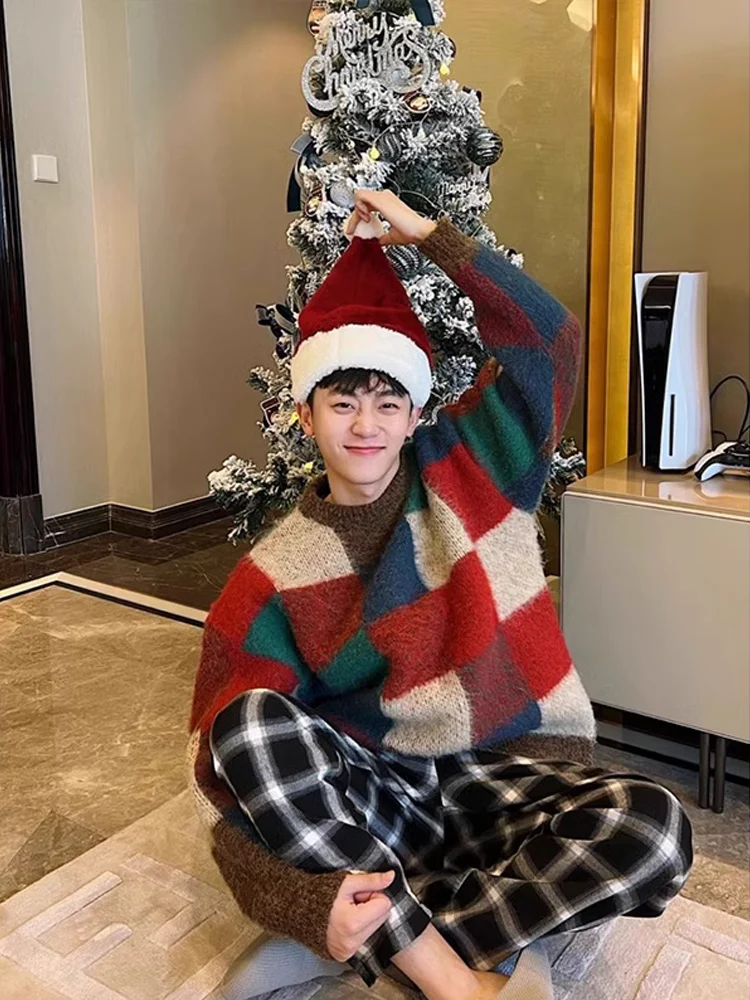 

Red Cisas Knitted round Ne Sweater Men's Winter Color Blo Ch Board Pattern Overhead Knit Base irt Lazy Sle A...