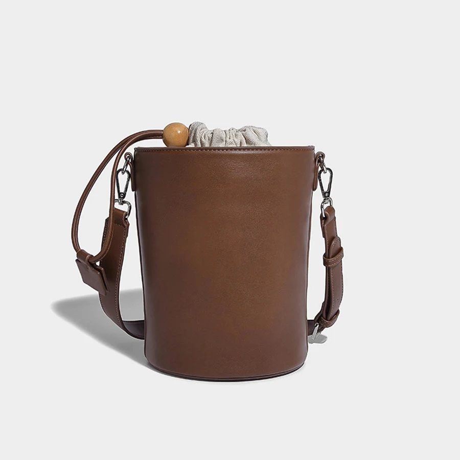 Korean drawstring cylinder design bucket bag female solid purse handbags fashion trend pu leather single shoulder crossbody bags