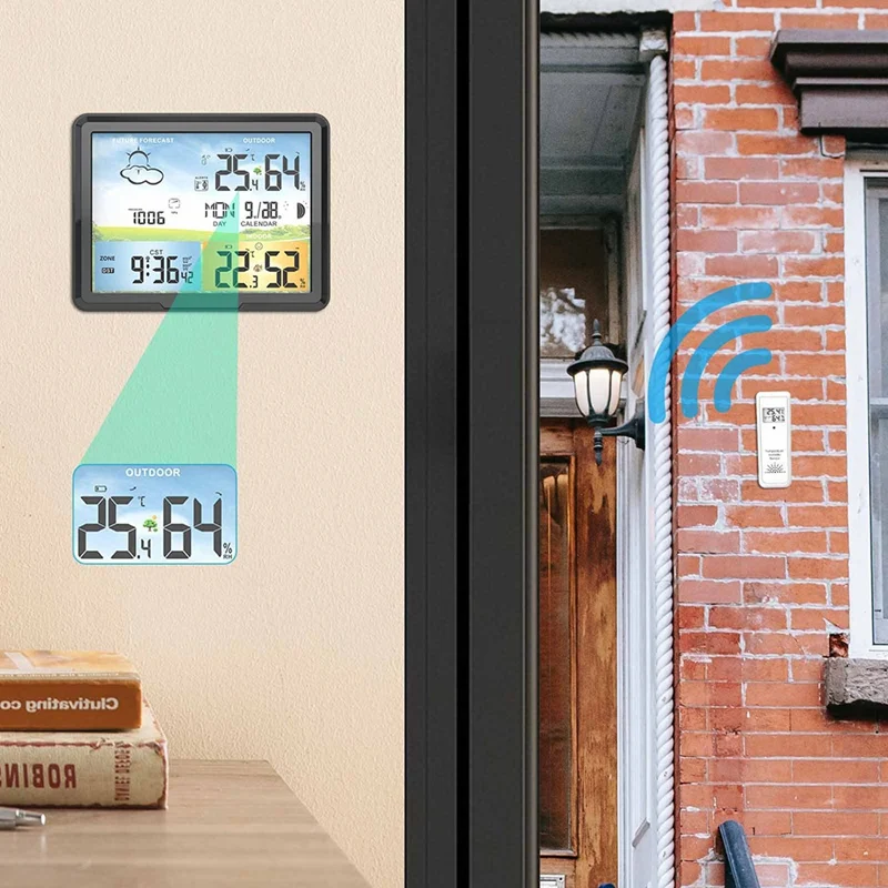 สถานีตรวจอากาศไร้สายดิจิตอลพยากรณ์อากาศในร่มกลางแจ้งพร้อมเซ็นเซอร์ไฮโกรมิเตอร์อุณหภูมิความชื้นอุณหภูมิอากาศ