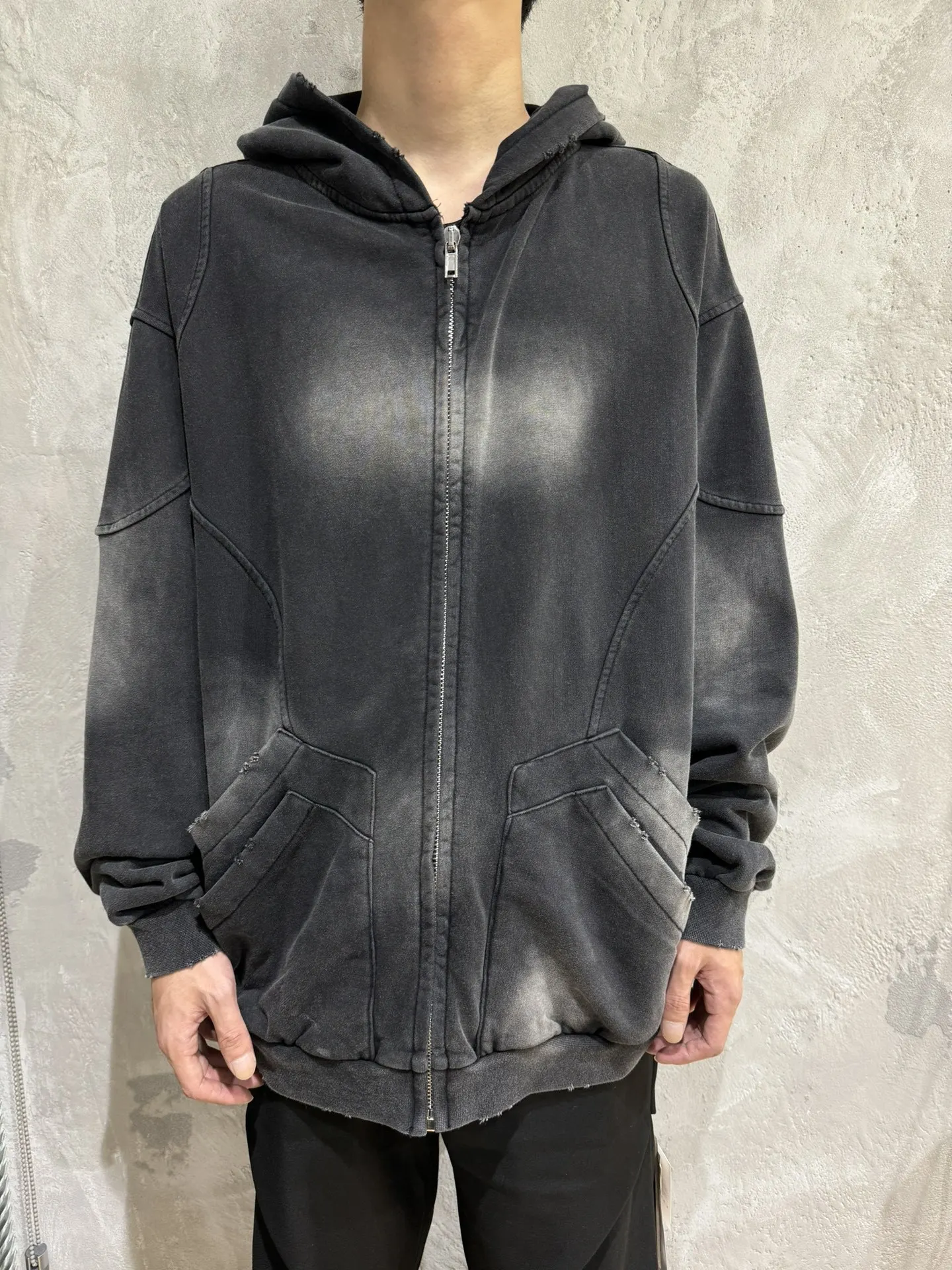 

Men Casual Washed Washed Punk Hooded Dark Grey Zipper Pocket Hoodie Owens Oversized Casual Hoodies