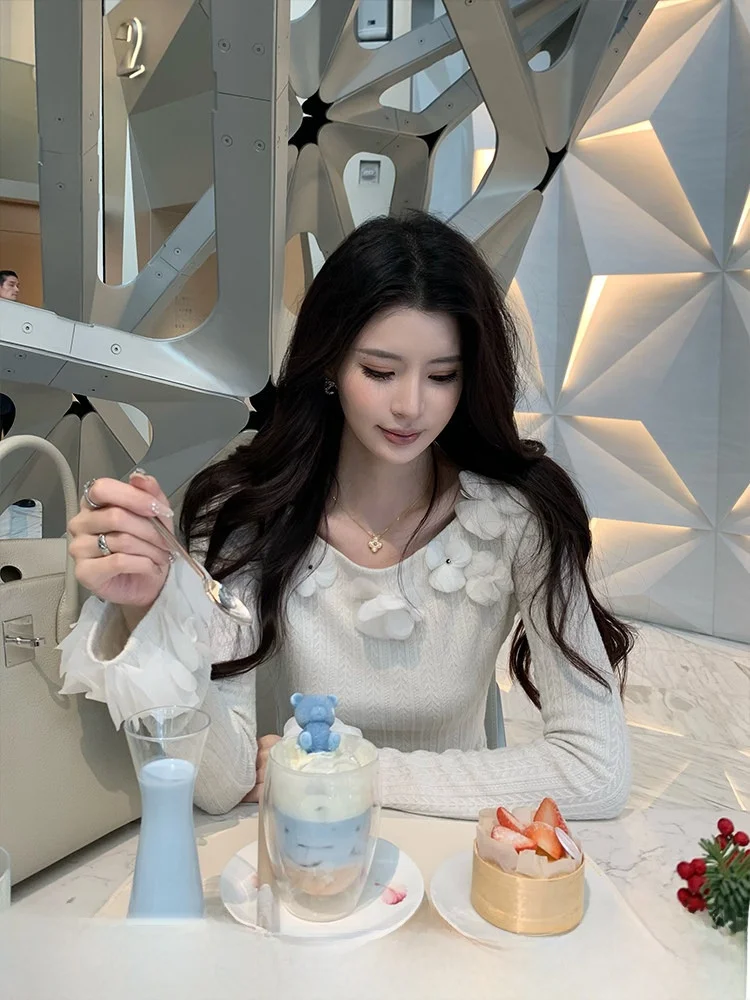 

KUN Soft White Flower Long Sve round Ne Knitted Sweater Women's Slim Fit Base irt Spring Commute Sle Viscose Blend