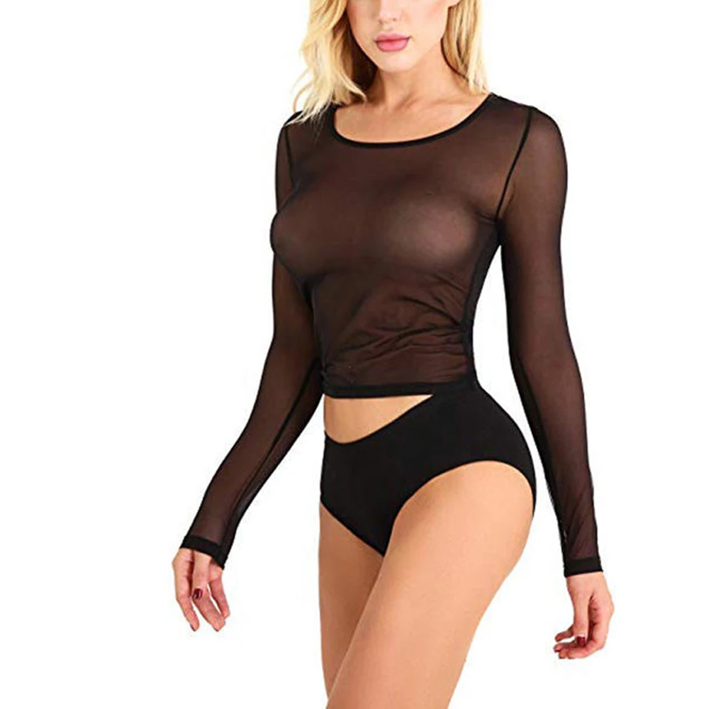 

Hot New Long Sleeve Sexy Black Mesh T Shirts Top Women Spring Summer S-XL Transparent Punk Club Streetwear Tees Shirt Beach Tops