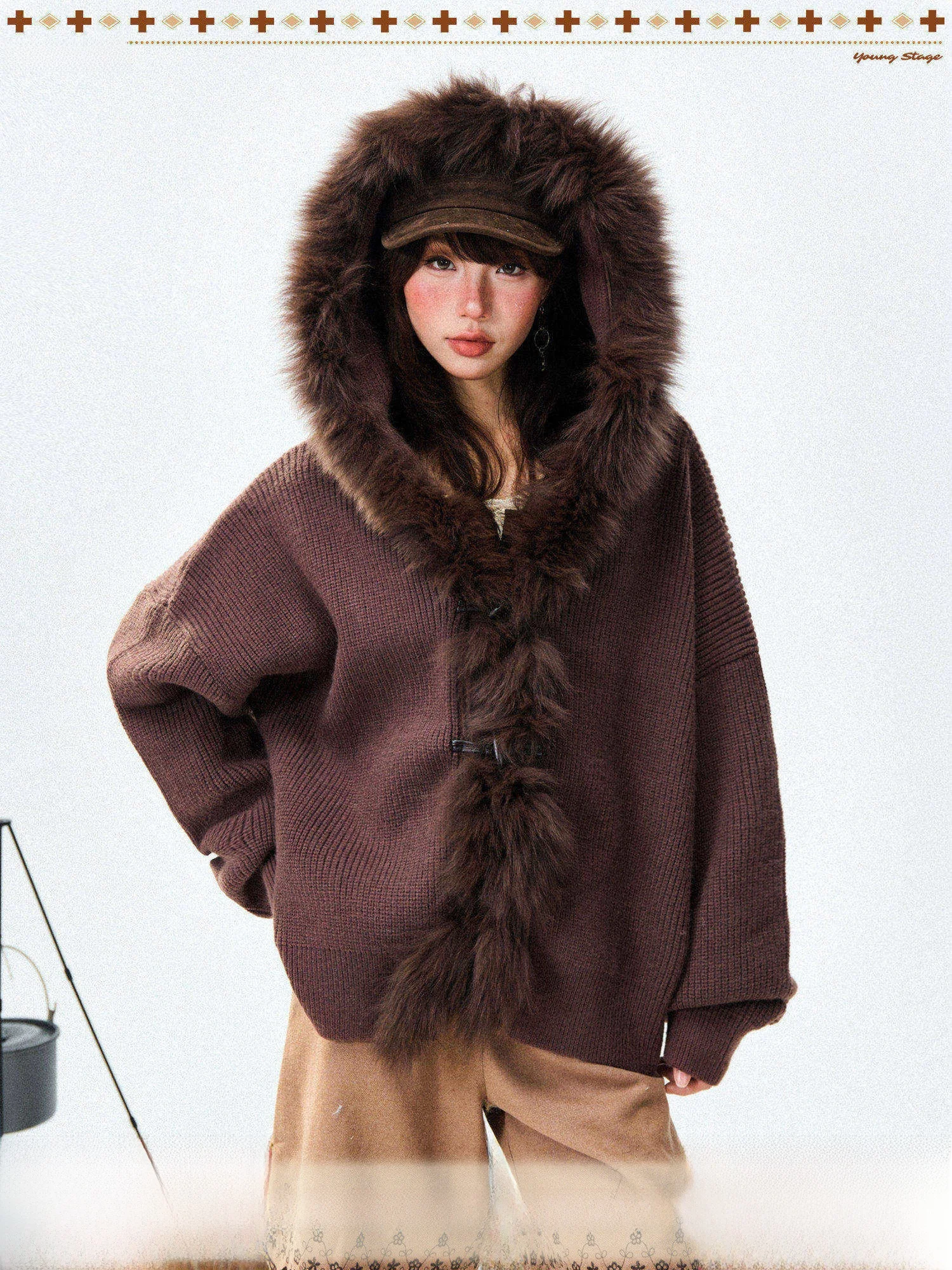 

Young Stage Winter Thiened Knitted Sweater Coat Women's Loose Fit Hooded Jaet Large Fur Collar Lazy Sle Commute Faion