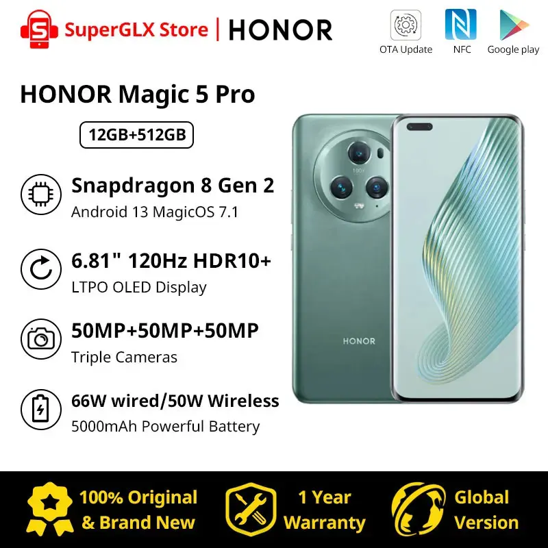 New Global Version HONOR Magic 5 Pro Snapdragon 8 Gen 2 Magic5 Pro 120Hz Triple 50MP Cameras 100X Digital Zoom 66W Super Charge