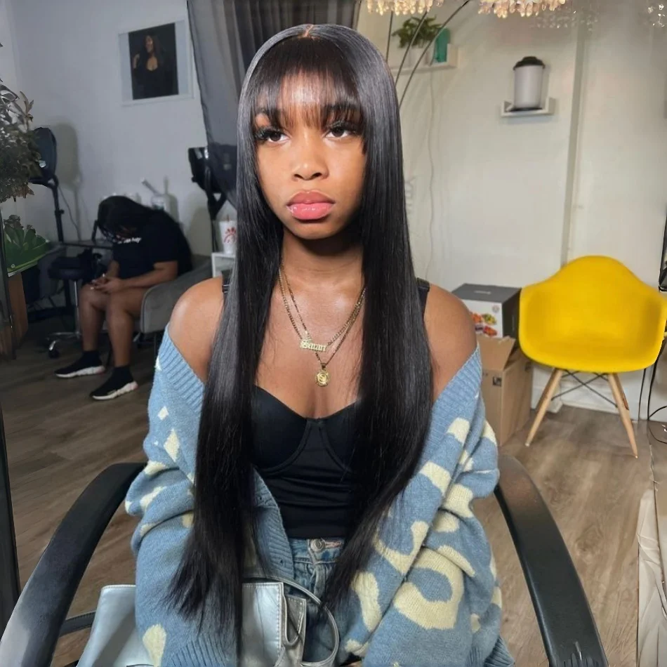 

30-34-дюймовые прямые парики из натуральных человеческих волос с челкой, бразильские, для женщин, 3x1, полностью машинной работы, на кружевной основе