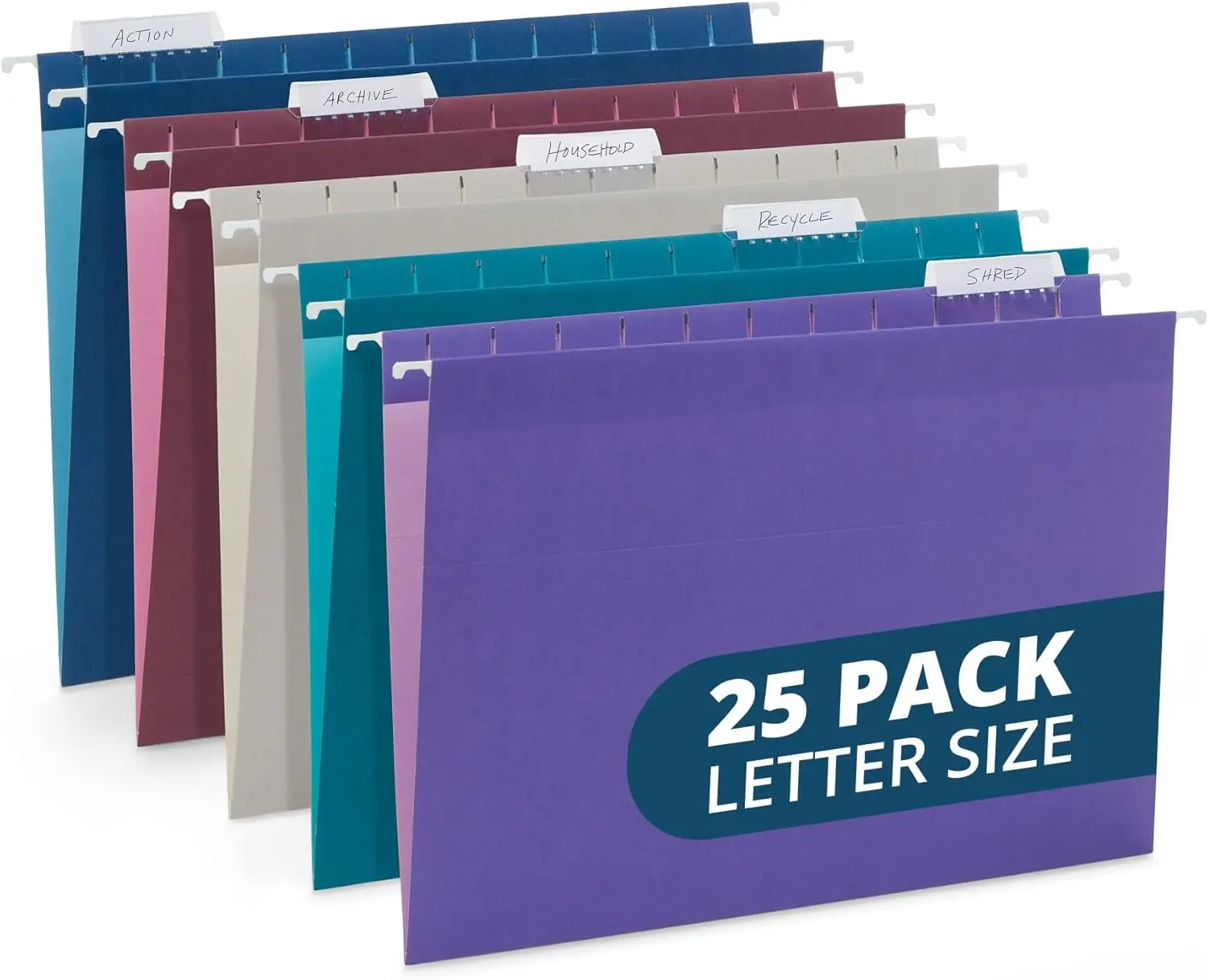 

25 Jewel Tone Hanging File Folders, Letter Size with Reinforced Tabs and Plastic Inserts