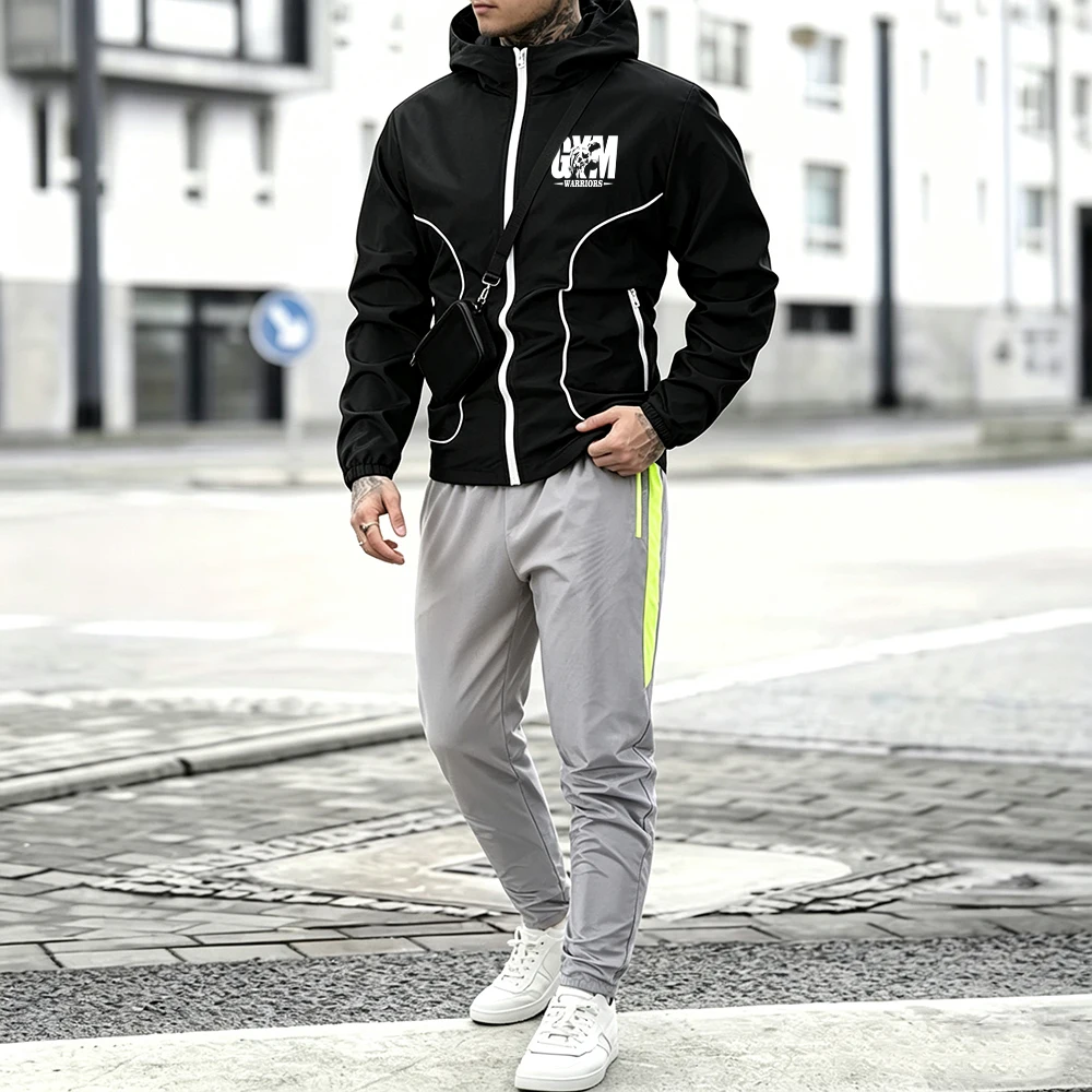 Mens Casual Tracksuit Set White Line Hooded Jacket Gym Warrior Letter Print & Side Stripe Trousers 2 Pcs Zipper Pocket Suit view 3