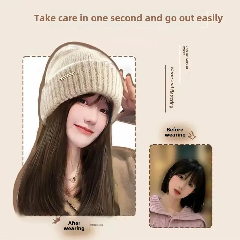 Women's Fashion Knitted Hat Wig Integrated Medium-Length Simulation Human Hair Versatile Wig Full-Head Cover Asian Fiber Hats