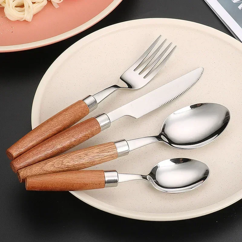 4pcs Wooden Handle Cutlery Set Stainless Steel Knife Fork Spoon Suit Sapele Wooden Western Flatware Dishwasher Safe Kitchen Item