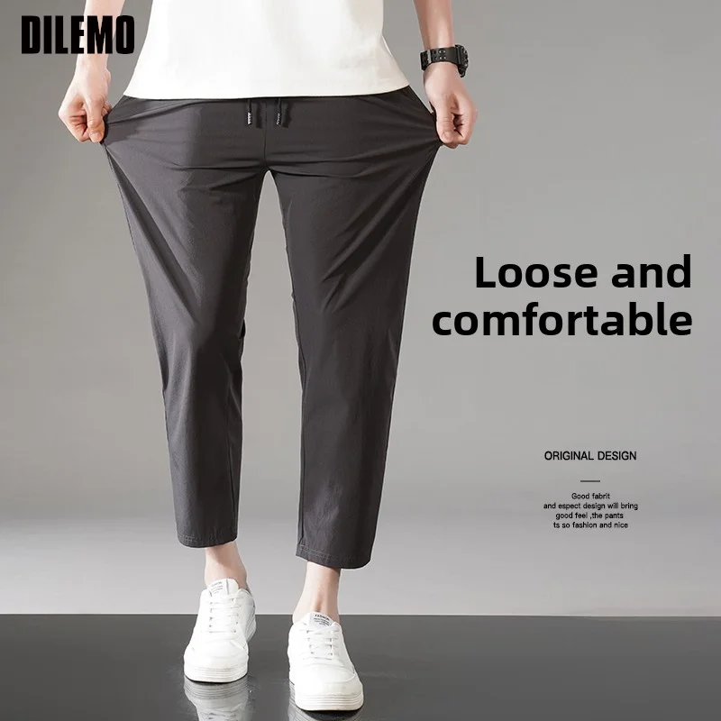 

Top Quality Ice Silk Stretch New Brand Casual Baggy Fashion Korean Ankle-Length Pants Loose Trousers Mens Clothes 2025