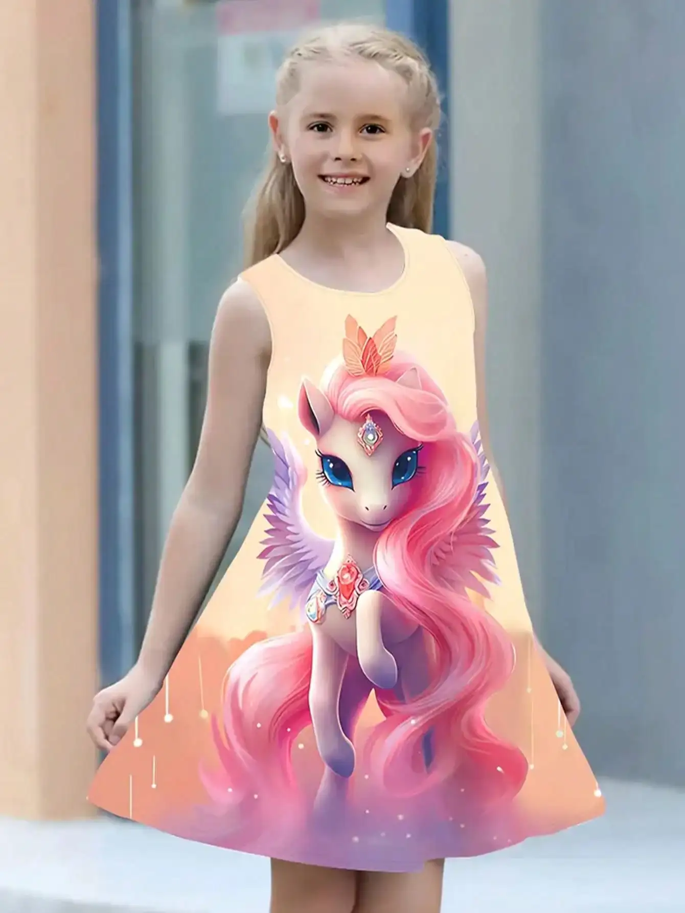 Vestido sin mangas con diseño de unicornio estrellado en 3D para niñas, ropa informal para el verano, adecuado para viajes diarios