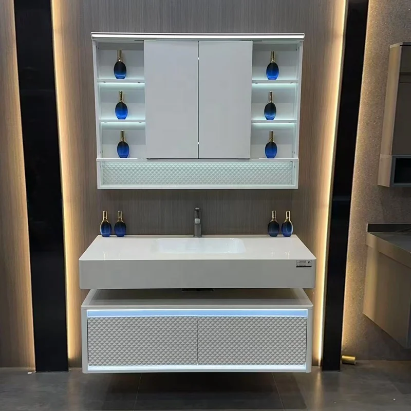 &c Luxury White Textured Bathroom LED Vanity Unit with Illuminated Mirror & Storage Cabinet Wall Hung Vanity for  Hotel Resort