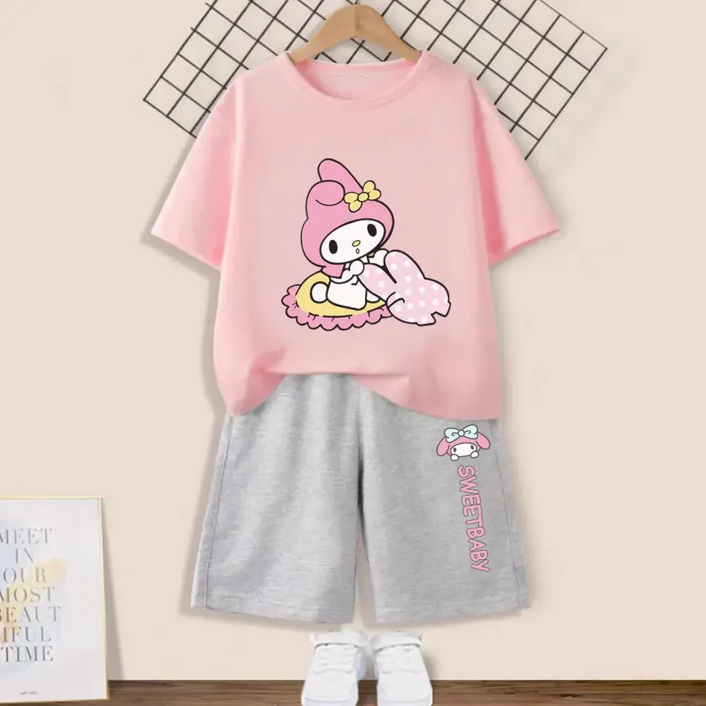 Melody Clothes Set Girls' Summer Cotton Short-sleeved T-shirt Sports Outer Wear Medium and Large Children's Shorts Two-piece Set