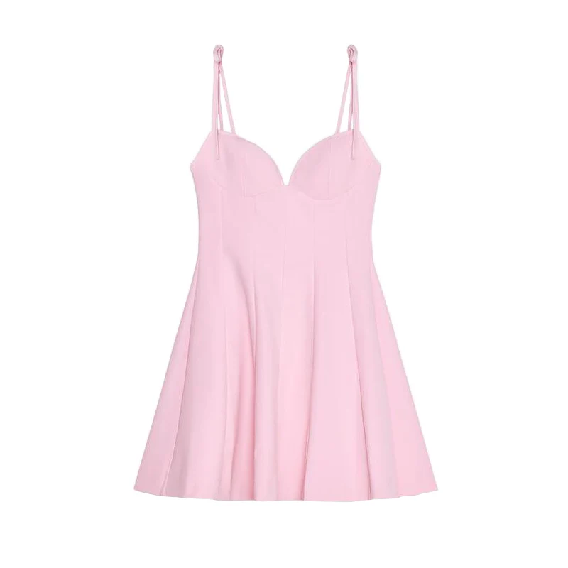 فستان صيفي جديد أنيق بخصر مرتفع وبدون حمالات مع ياقة على شكل قلب ومزين بعقدة فراشة، تصميم أزياء نسائية من ألياف البوليستر