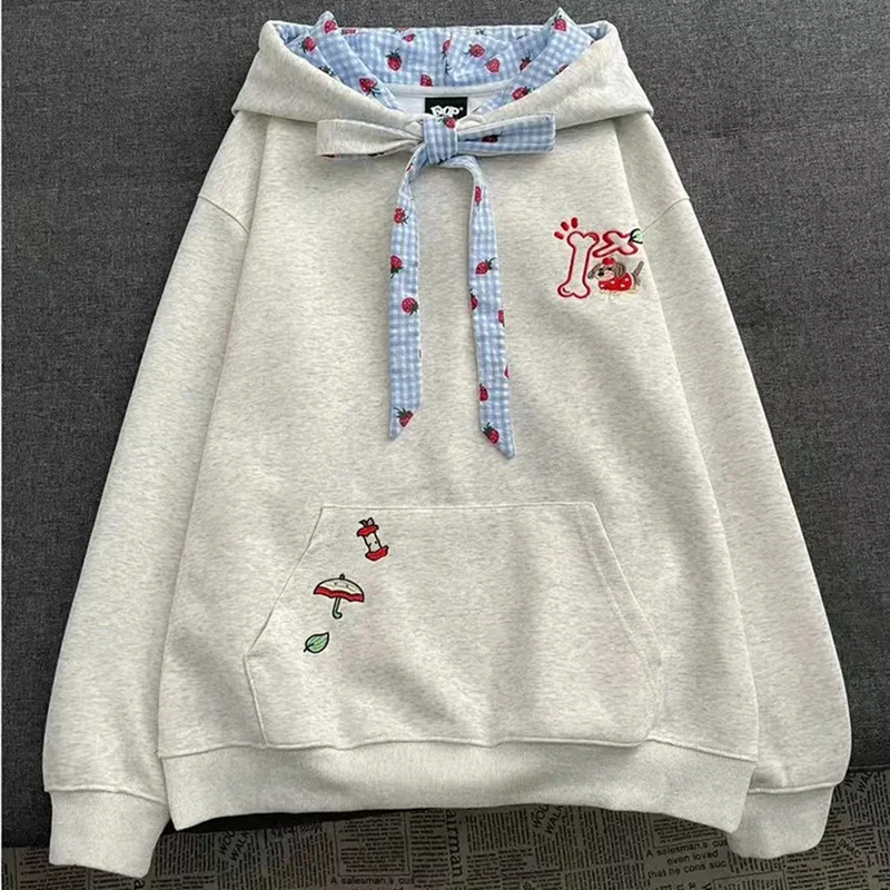 

2025 new autumn Cartoon Embroidery Hoodies Women fashion Plaid Patchwork Bandage Bow Sweatshirts Loose Casual Lazy Wind Tops