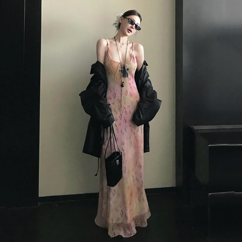 เซ็กซี่พิมพ์ Camis ชุดผู้หญิงเกาหลีแฟชั่น Slim ดอกไม้สปาเก็ตตี้ฤดูร้อน Retro Harajuku แขนกุดพรรค Vestidos