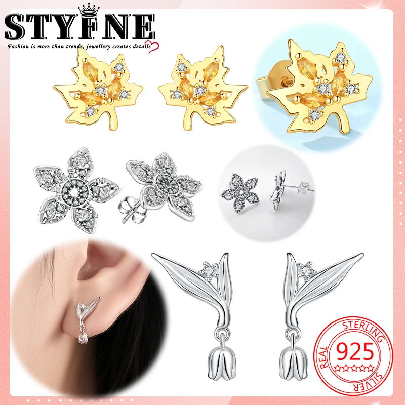 Animals Pets 925 Sterling Silver Gold Skeleton Stones Maple Leaf Tulip Flower Stud Earrings Personalized Temperament Trendy