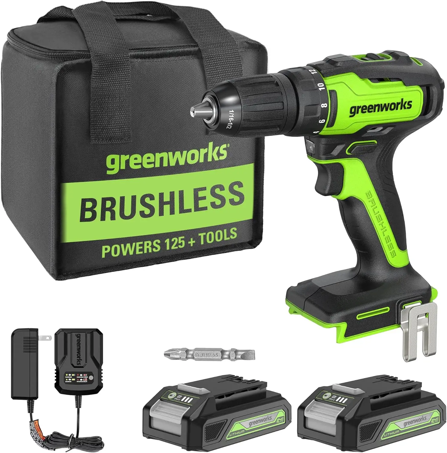 

Greenworks 24V Brushless Cordless Drill Kit, 310 in./lbs, 18+1 Position Clutch, 1/2 '' Keyless Chuck, Variable Speed