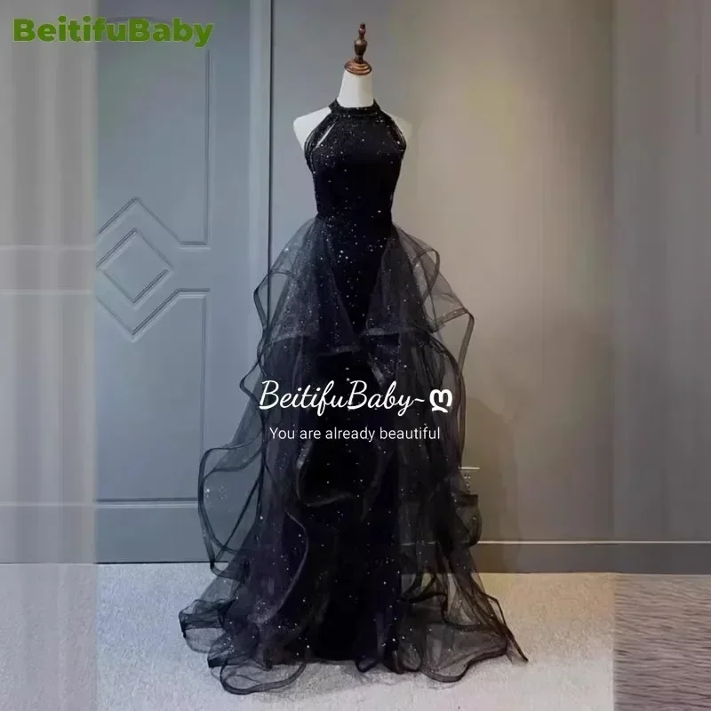 

BeitifuBaby Women's Black Evening Dress 2024 Slimming Celebrity Dress Banquet Sleeveless Zipper Sequins Long Skirts Vestidos