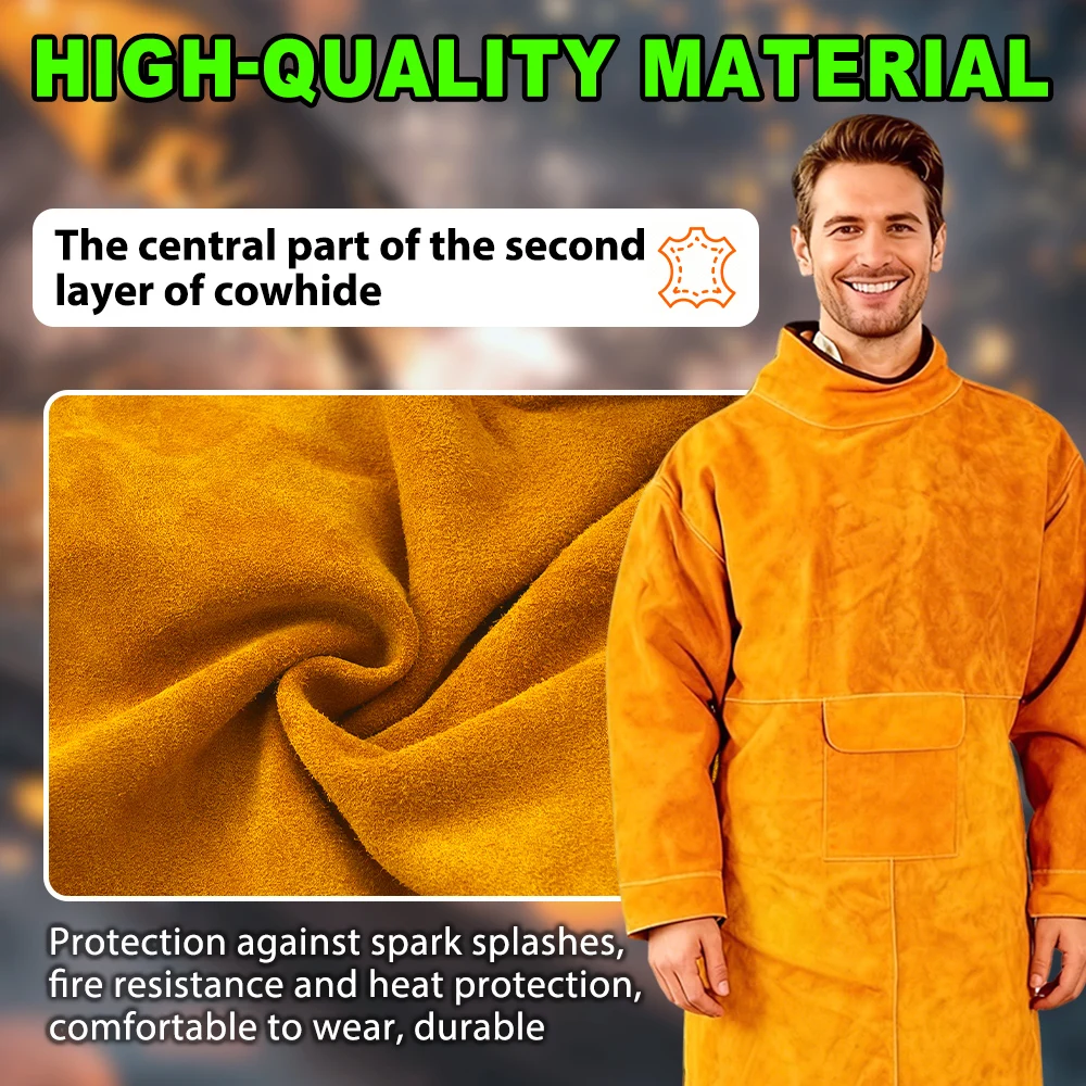 

Cowhide Leather Welding Clothes 120CM Long Heavy Duty Welding Apron Suit Flame Wear Resistant Coat with Sleeves for Men