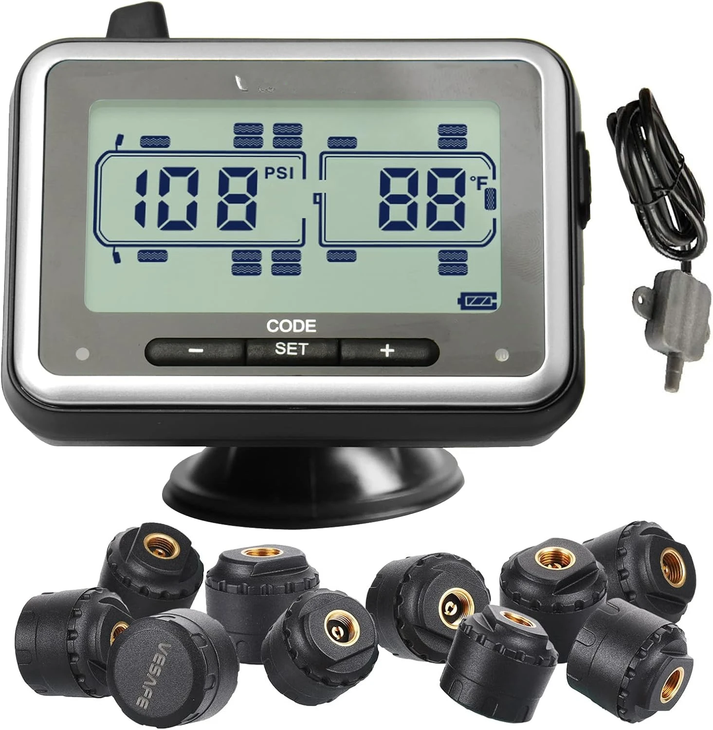 

Wireless Tire Pressure Monitoring System for RV, Trailer, , Motor Home, Fifth Wheel, Including a Signal Booster