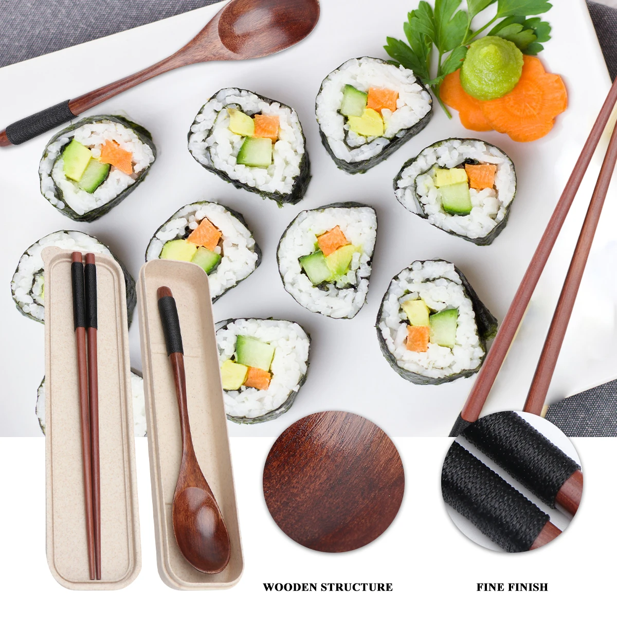 

3 Pcs Wooden Spoon Chopsticks Set Reusable Eco Friendly Cutlery Dinnerware Kit Travel Box Kitchen Utensil