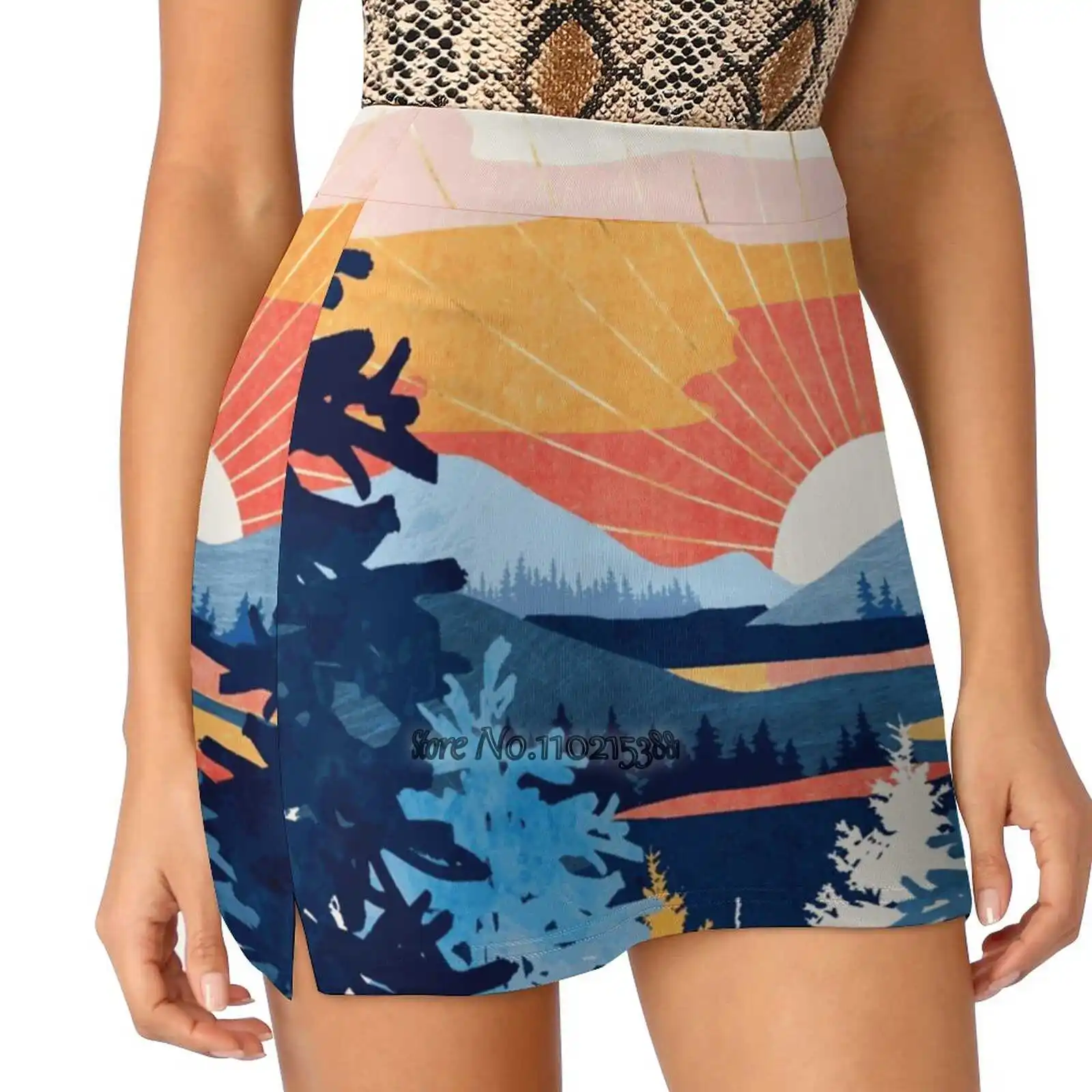 

Sunset Lake Women Mini Skirt Two Layers With Pocket Skirts Sport Fitness Running Skorts Sunset Lake Sun Water Nature Landscape