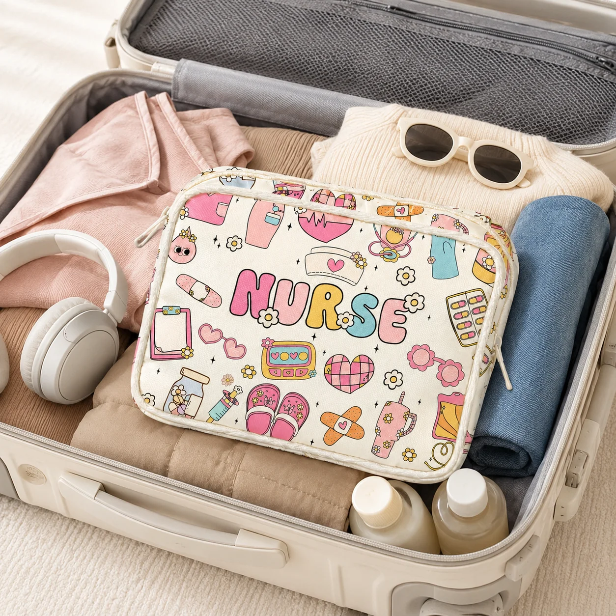 Cute Nurse Print Medicine Storage Bag Portable Travel First Aid Organizer Cosmetic Toiletry Pouch for Women Girls