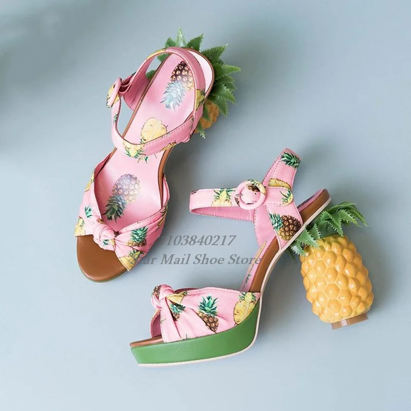 

Cute Platform Peep Toe Pineapple High Heel Sandals Statement Fruit Print Ankle Strap Tower Buckle Sandals Women Vacation Sandals