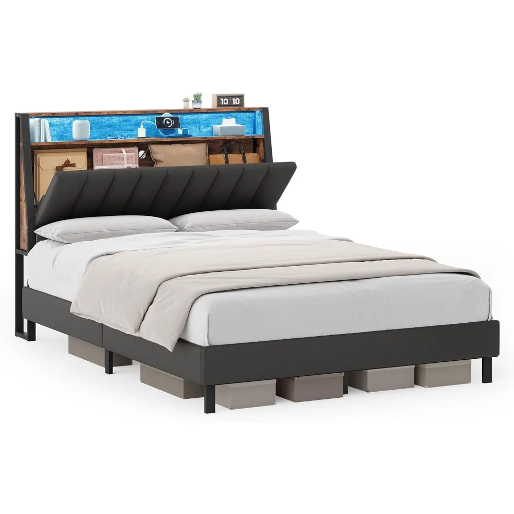 Bed frame full size,storage headboard and charging pile,full bed frame,2 AC sockets,1 USB port, 1 Type-C port,no spring required