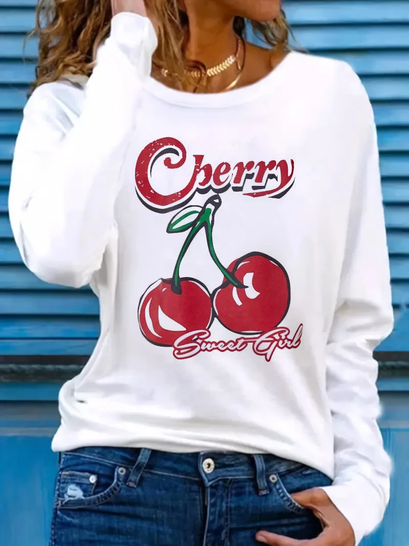 الهيب هوب موضة الكرز ملابس منقوشة بكم طويل قميص مضحك تي شيرت المرأة طباعة تي شيرت طاقم الرقبة تي شيرت عادية