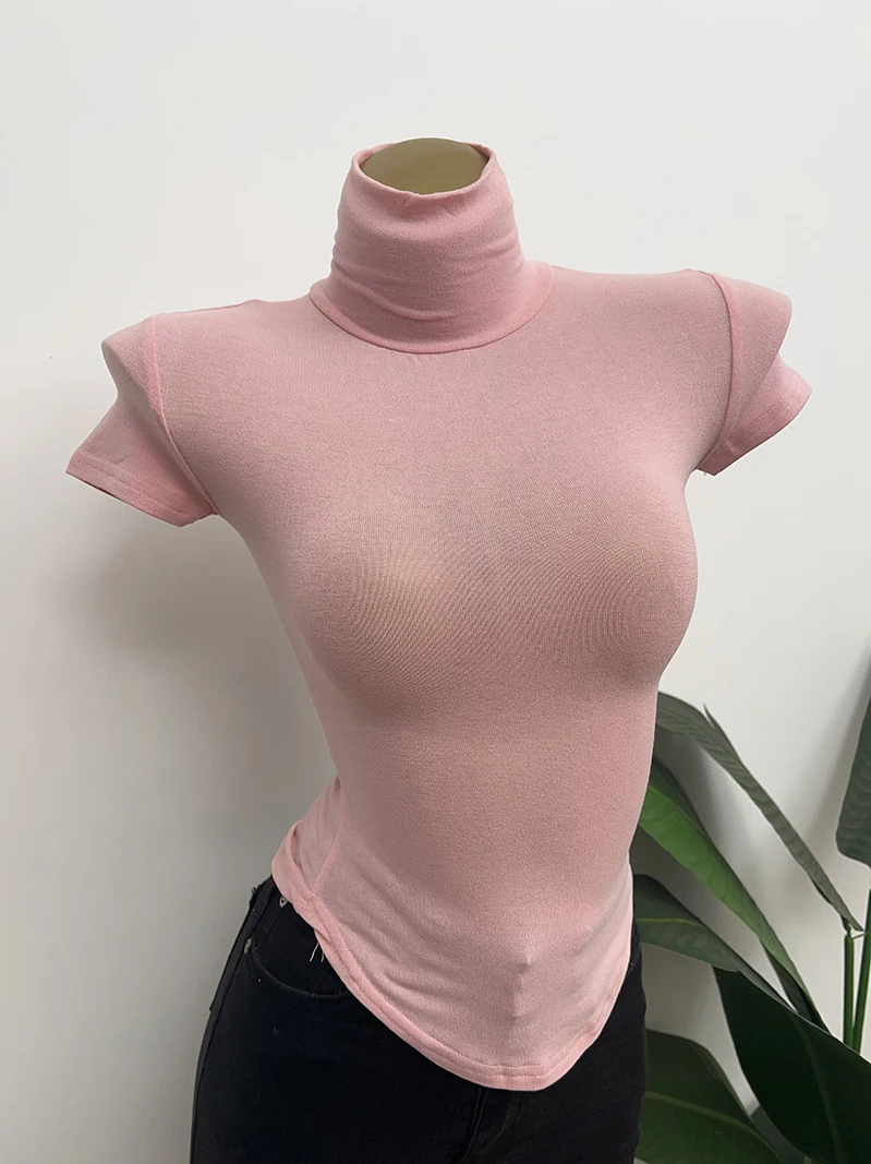 Sexy Slim Fit High Collar ort Sve T-irt Women's Soft Comfortable Thin Elastic Chest Enhancing Versatile High Ne or...