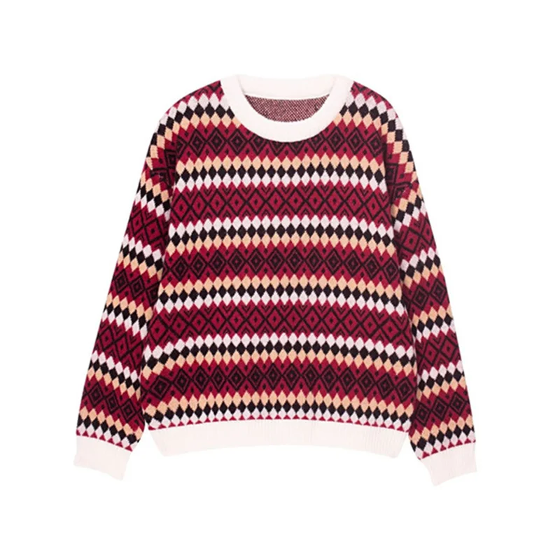 

Новинка 2025 года, жаккардовая решетка с ромбовидным узором, весна-осень, винтажный пуловер с длинными рукавами и круглым вырезом, повседневные топы, вязаный женский свитер