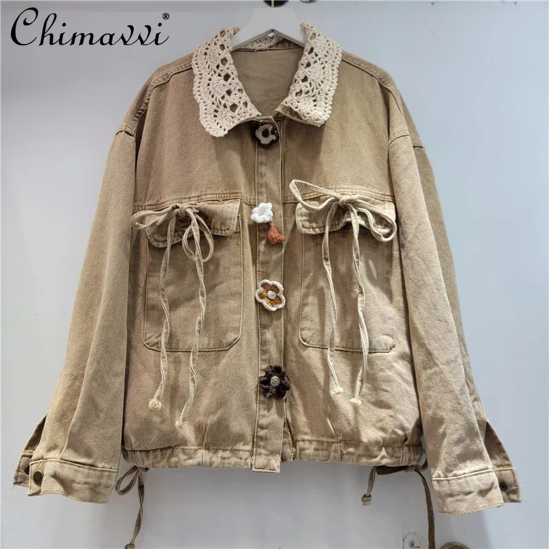 

Тяжелая модная свободная джинсовая куртка для женщин, осенняя одежда 202, новая уличная одежда с длинными рукавами и цветочным принтом, куртка на шнуровке, топ