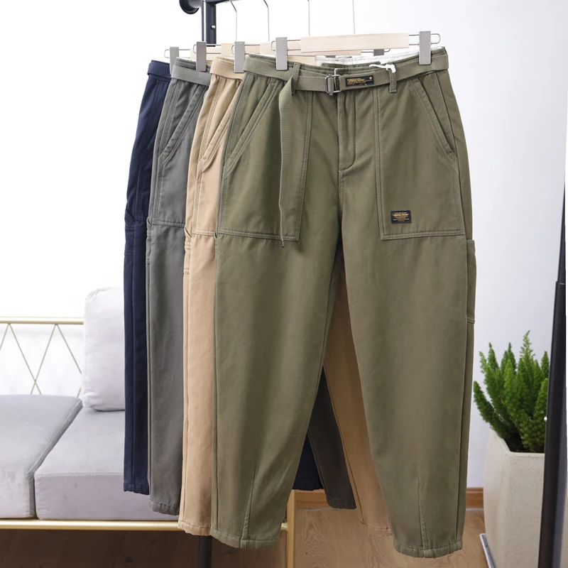 

Men's Winter Thiened Fce Pure Cotton Waed Vintage Belted Wide Leg Loose Workwear Trousers Casual Slim Fit Harajuku Sle