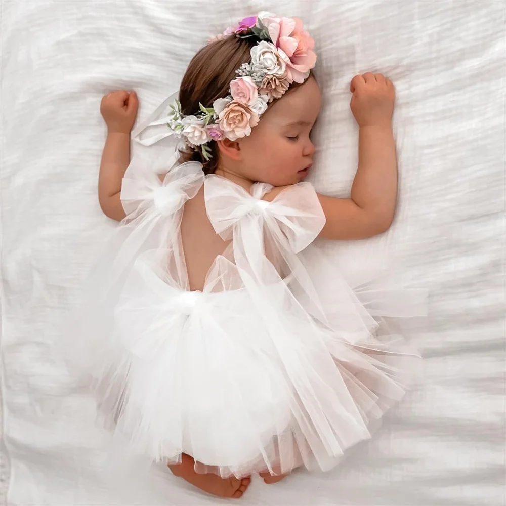 Soft Tulle Baby Bowknot Strap Romper White Mesh Dress 0-24Months Infant Summer Backless Jumpsuit Newborn Photography Outfits