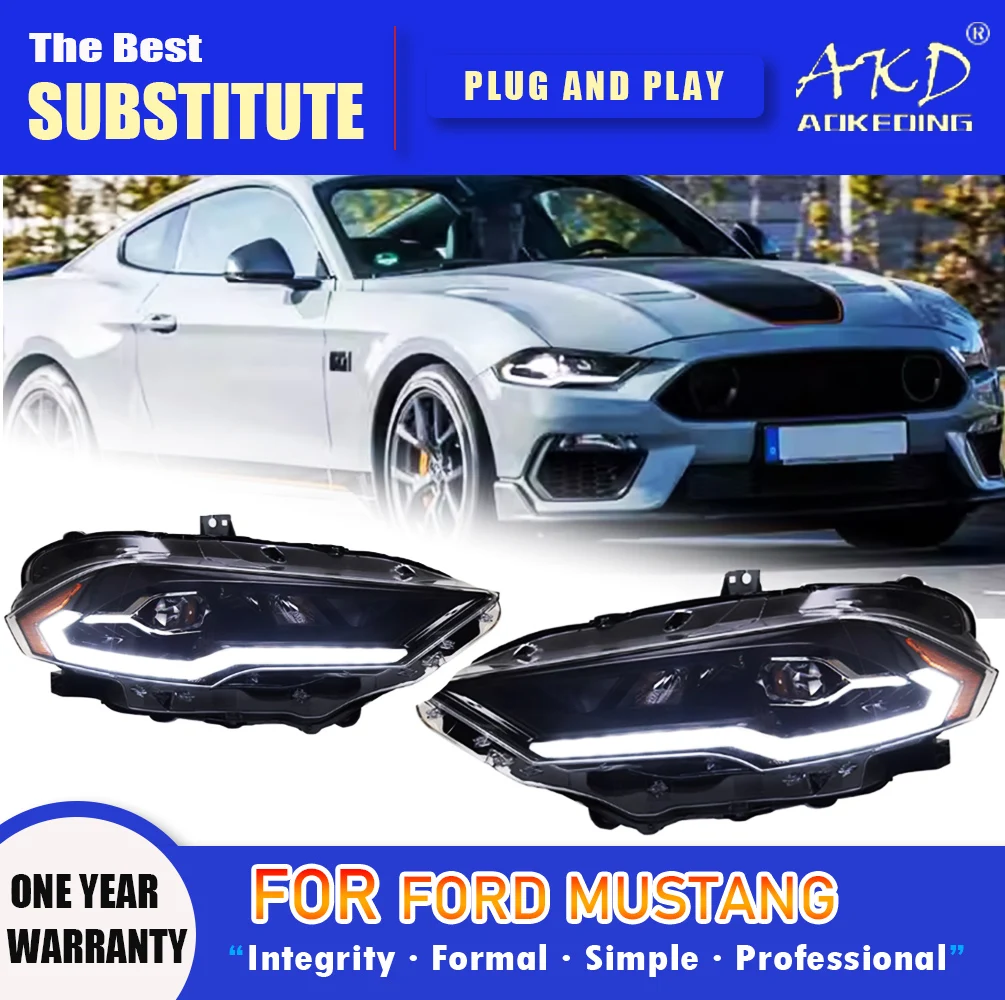 

Фара AKD для Ford Mustang, светодиодная фара 2018-2019, фары Mustang DRL, указатель поворота, дальний свет, линза проектора «ангельский глаз»