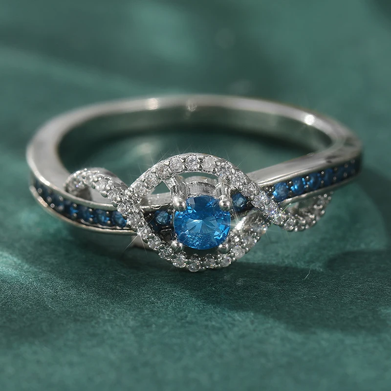 Eleganter Eingelegter Weiß-Blauer CZ Damenring Trendiger Silberfarbener Geometrischer Hohler Alltags- und Partyschmuck Jubiläumsgeschenk – Detail 1