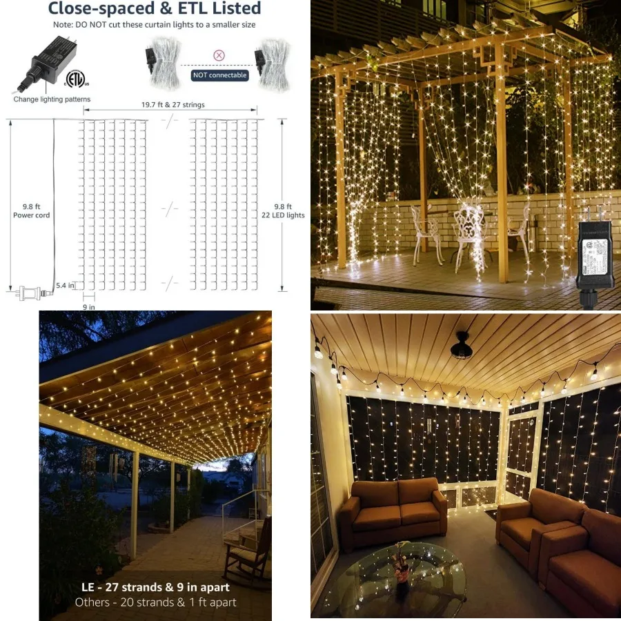 594 LED Curtain Lights, 20 x 10 Feet Plug in Hanging Fairy String Lights, Wedding Party Backdrop Lights, Twinkle Lights for Wal