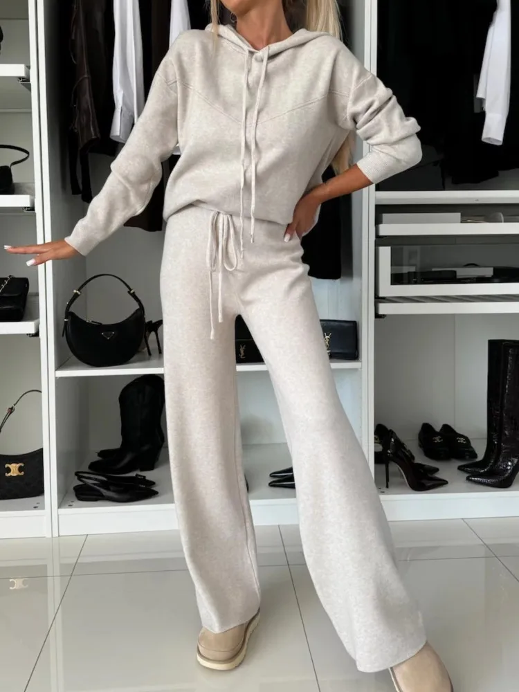 

Autumn And Winter New Casual Suit Women's Simple Solid Color Hooded Long-sleeved Sweatshirt Tied Wide-leg Trousers Two-piece Set