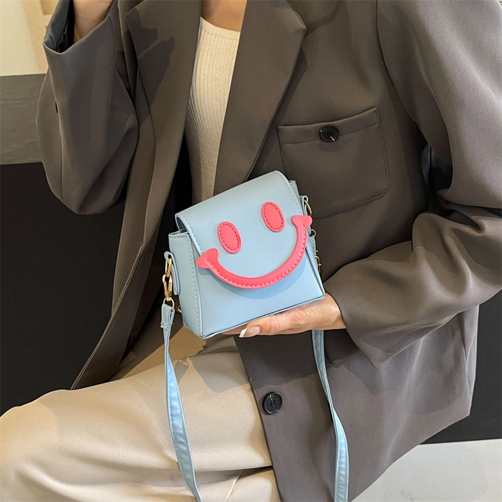 Women Smiling Face Bag PU Leather Cartoon Shoulder Bag Contrast Color Smile Face Coin Purse Female Summer Daily Bag