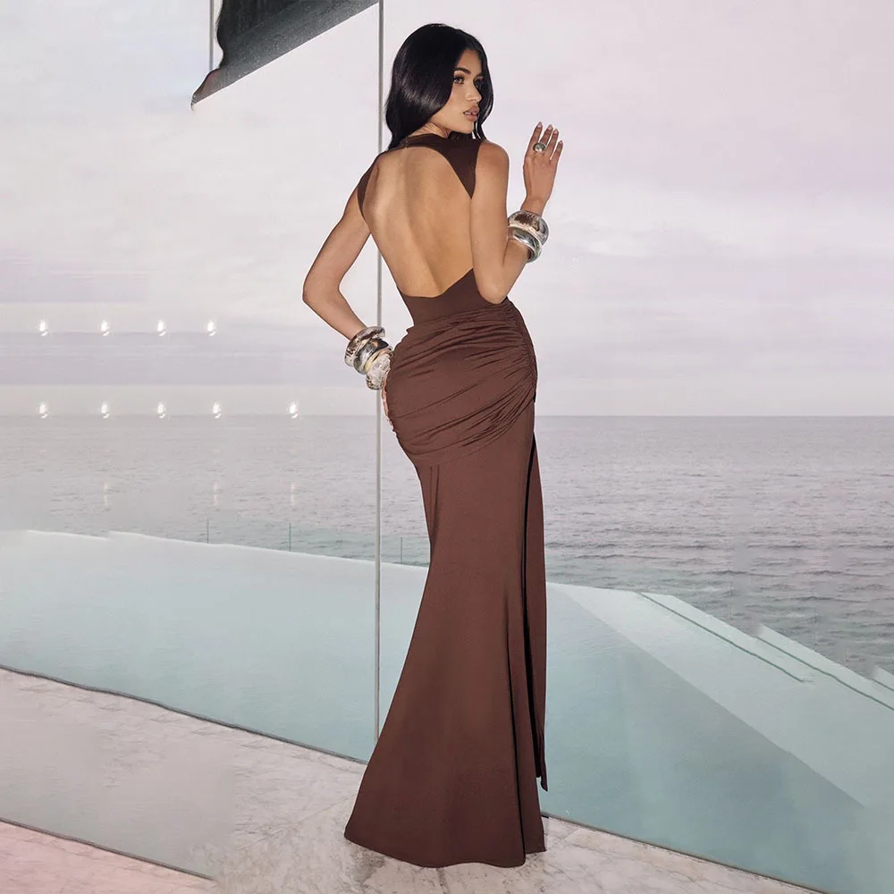 TWOTWINSTYLE Abito lungo senza schienale alla moda sexy per le donne O collo senza maniche vita pieghettata abiti da sera a coda di pesce dimagranti femminili