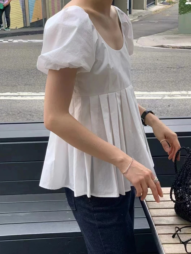 قميص نسائي بأكمام فقاعية، تصميم مطوي، نمط تنحيف على شكل حرف A، موضة كورية، رقبة دائرية، كم قصير، لون نقي، ملابس للتنقل