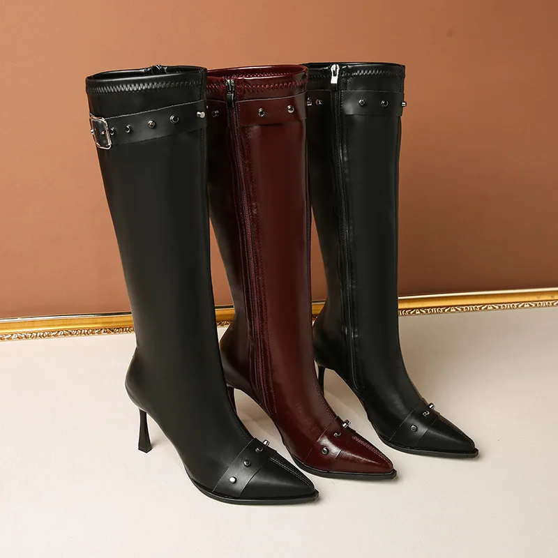 2025 Autumn New Rivet Belt Buckle High Boots for Women, Pointed Fashion Slim High Heels Elastic Boots Plus Size 44