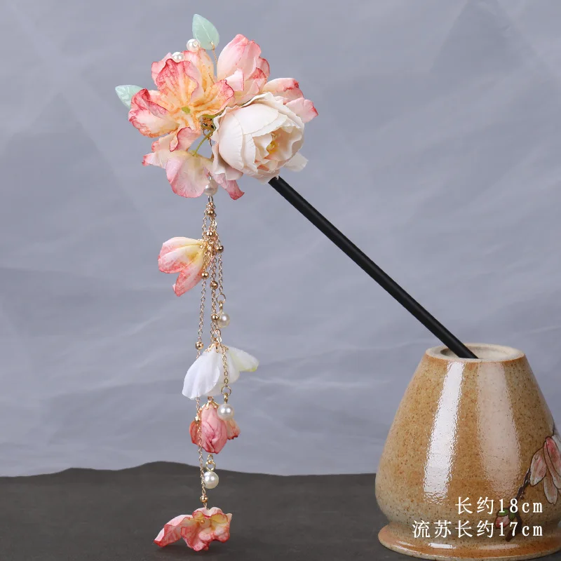 Wooden Hair Stick Chinese Flower Hanfu Hair Accessories For Women Pearl Tassel Hairpin Fairy Silk Chopsticks Forks Bride Jewelry